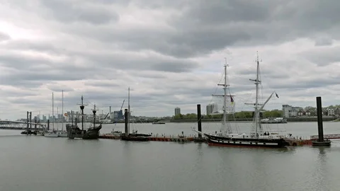Tall Ship, Regatta start. Thames River London Stock Footage 75486818