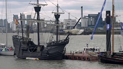 Tall Ship, Regatta start. Thames River London Stock Footage 75497227