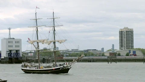Tall Ship, Regatta start. Thames River London Stock Footage 75499195