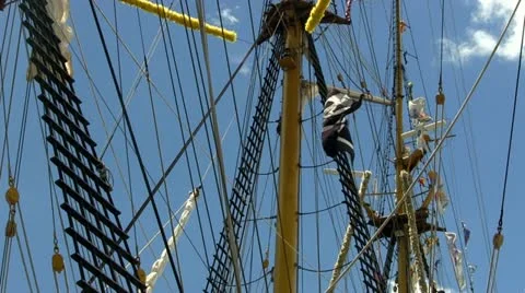 Tall ship rigging, flags and masts; 6 Stock Footage 12183361