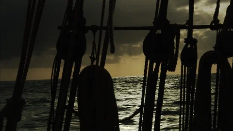 Tall-Ship with Rigging, Masts and Sails at Sea.  Exploration, Pirates &amp; Piracy Stock Footage 104263841