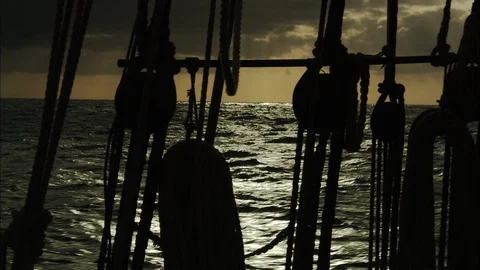 Tall-Ship with Rigging, Masts and Sails at Sea.  Exploration, Pirates & Piracy Stock Footage