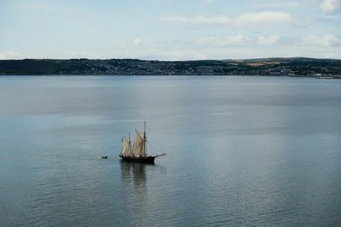 Tall Ship Sailing Off Cornwall Coast Near Marazion, England Stock Photos