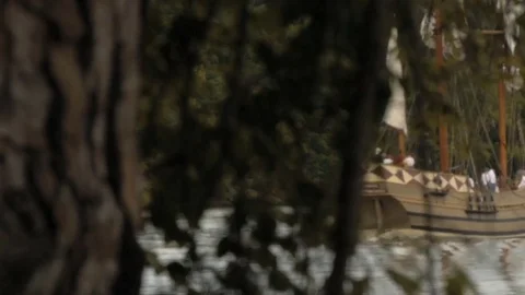 Tall-Ship sails down river, rigging, masts and sails Video stock 81242492