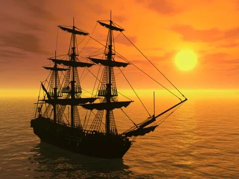 Tall Ship at Sunset Stock Illustration