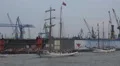 Tall ship Tolkien swimming in the Hamburg harbour at the docks HD Footage