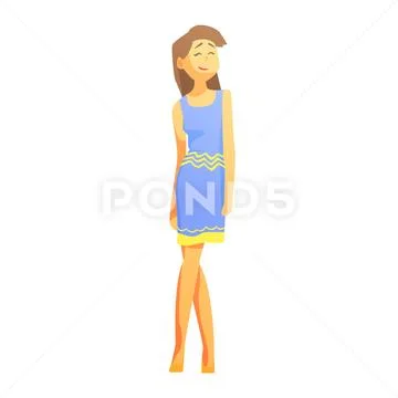 Tall Skinny Girl In Blue Summer Dress, Young Person Street Fashion Look With Stock Illustration