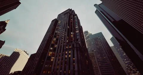 Tall skyscraper in a bustling cityscape during twilight hours with dim lights Stock Illustration
