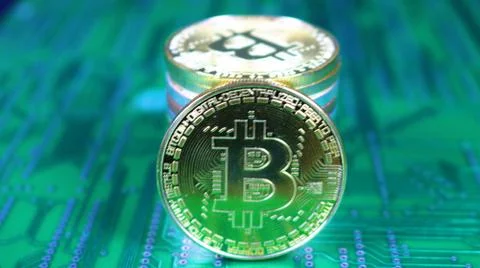 Tall Stack Of Bitcoins On Printed Circuit Board v3 Stock Photos