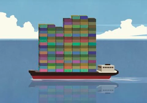 Tall stack of cargo containers on container ship in ocean Stock Illustration