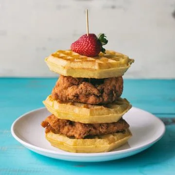 Tall stack of chicken and waffles on a white plate. Stock Photos