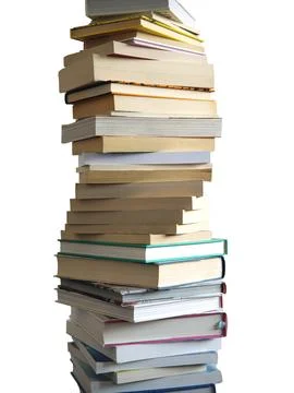 A tall stack of many books piled high, isolated on white Foto stock
