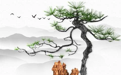Tall thin pine, gray hills, red cliff, flock of birds in the sky Stock Illustration