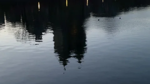 Tall towers reflect dramatically in waters of Central Park during last light NY Stock Footage 195126752