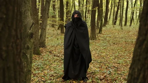 Tall trees, Forest path, Cloaked figure Stock Footage 345579059