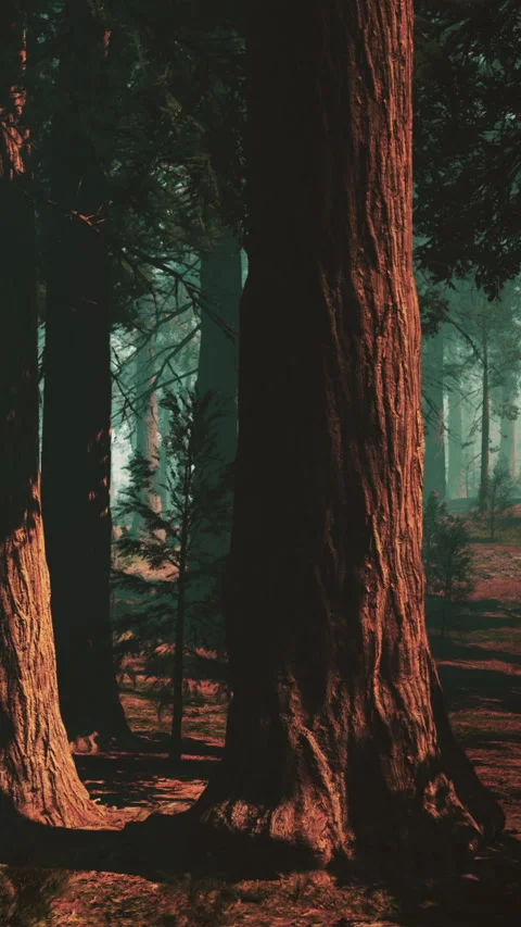 Tall trees stand in forest with soft light shining through leaves and branches Stock Footage 340651462