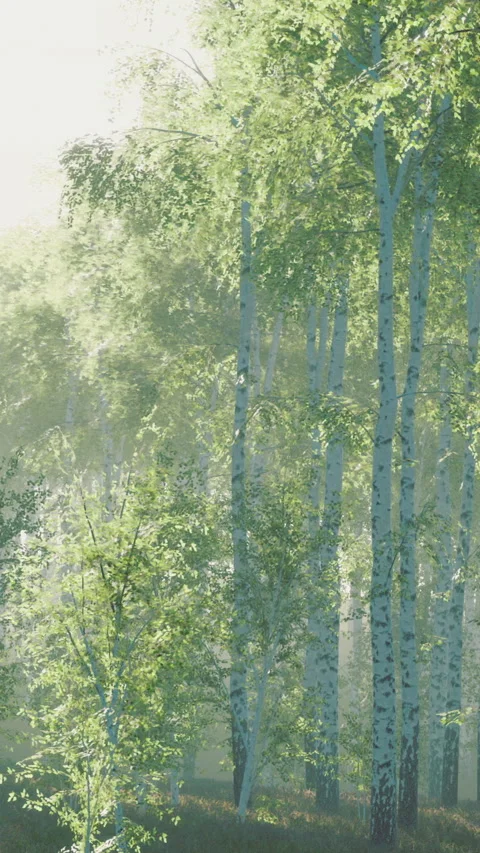 Tall trees stand in a misty forest during the morning hours of early fall Stock Footage 336029177