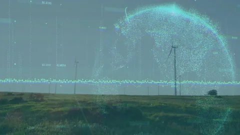 Tall turbine receiving sensor data for energy, generating particle dome, Stock Footage 332746840