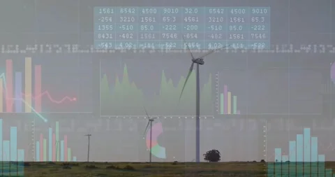 Tall turbine rotating while live data feed updating charts across sky, tracking Stock Footage 330237130