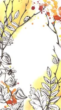 A tall vertical floral frame featuring physalis, leaves and branches in a Stock Illustration