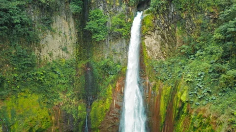 Tall waterfall streaming down volcanic rock wall into a forested canyon in Costa Stock Footage 319873284