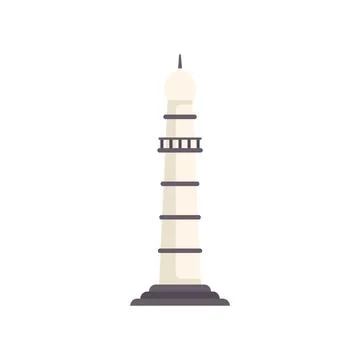 Tall white lighthouse tower emitting light beam at night guiding ships at sea 库存插图