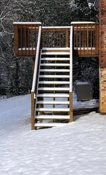 Tall Wooden Back Deck Steps And Yard With Snow Stock Photos