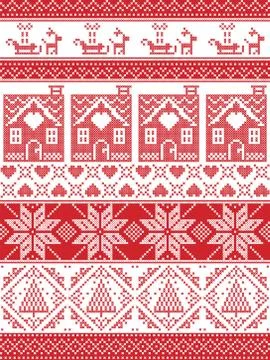 Tall xmas pattern with gingerbread house, reindeer ornaments Stock Illustration