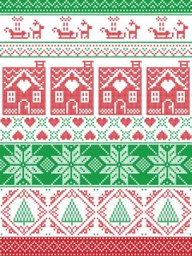 Tall xmas pattern with gingerbread house, reindeer ornaments in red an Stock Illustration