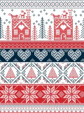 Tall xmas pattern with gingerbread house in green red Illustrazione stock