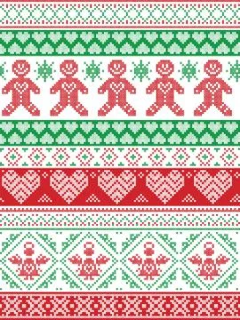 Tall xmas pattern with gingerbread man red , green Stock Illustration