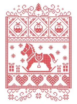 Tall Xmas pattern in rectangle frame with rocking horse in red white Stock Illustration