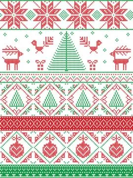 Tall xmas pattern with xmas tree in red, green Illustrazione stock