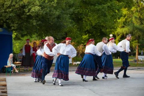 TALLINN, ESTONIA - 02 JUN 2016: Estonian folk dancers with traditional colourful Stock Photos