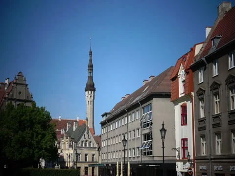 TALLINN, ESTONIA- JUNE 17, 2012:Old houses on the Old city streets. Tallinn Stock Footage