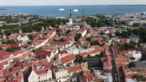 Tallinn old city aerial panorama Stock Footage