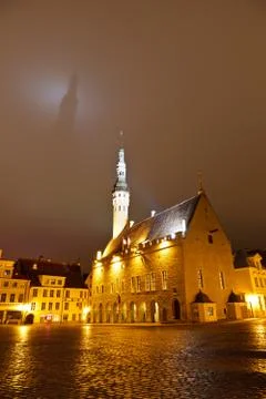 Tallinn town hall casting shadow on the dark sky, estonia 写真素材