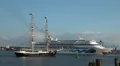 Tallship Mercedes crossing cruise ship Aida Cara at Hanse Sail HD Footage