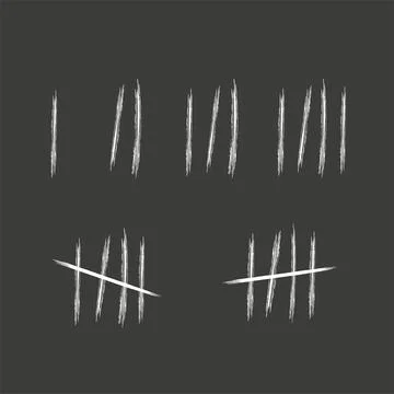 Tally marks wall sticks lines counter. Counting signs chalk on black background Stock Illustration