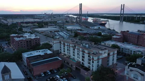 Talmadge Bridge and Double Tree Hotel at Dusk in Savannah Stock Footage 245321716