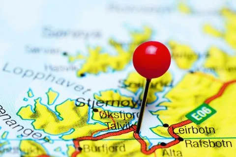 Talvik pinned on a map of Norway Stock-Fotos