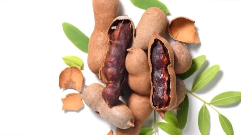 Tamarind fruit isolated on white background. Tamarind tropical pods with leaves  Stock Footage 282128404
