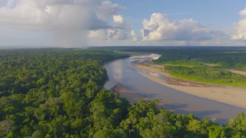 Tambopata River Meandering Through Amazon Rainforest in Peru, Aerial View Stock Footage 314319166