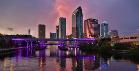 Tampa Skyline Time Lapse Sunset & Lights on Hillsborough River Stock Footage