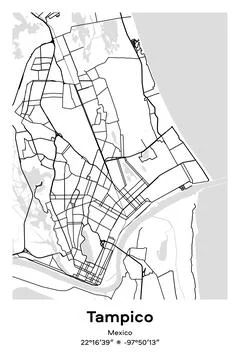 Tampico, Mexico - vector map of city in Black, white, gray, BW colors Stock Illustration