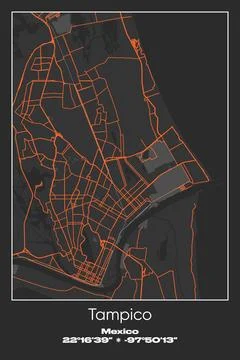 Tampico, Mexico - vector map of city in Gray, Black, Orange colors Stock Illustration