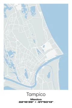 Tampico, Mexico - vector map of city in Gray, white, green, blue colors Stock Illustration