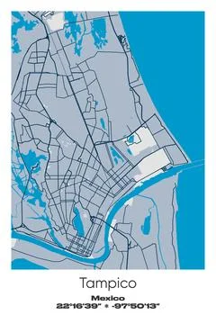 Tampico, Mexico - vector map of city in Blue, Gray, Yellow, Olive colors Stock Illustration