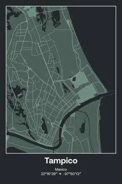 Tampico, Mexico - vector map of city in Dark gray, Gray, Green, gray-green color Stock Illustration