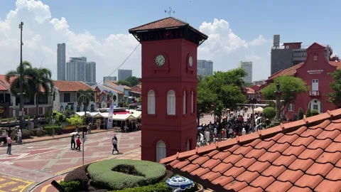 Tan Beng Swee Clock Tower on Dutch (Red) Square in Malacca, Malaysia. Stock Footage 345016812
